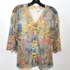 Kaktus Cardigan Tunic Top S Mesh Open Knit Button Sheer Boho Artsy Colorfull Y2K